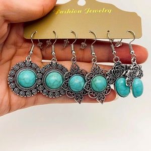 3 Pair Aztec Silver Turquoise Earrings